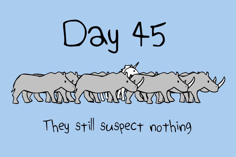 Design image: Unicorn is hiding in a herd of rhinos. Large text above says "Day 45" Text below says "They still suspect nothing"